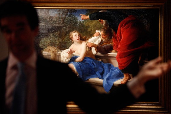 A man gestures in front of Pompeo Girolamo Batonis painting Susanna and the Elders  580x388 Highlights from Sothebys Old Master Paintings and Drawings Sales travel to Hong Kong