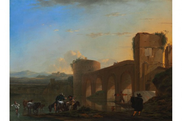 Jan Asselijn Dutch c. 1610–1652 The Tiber River with the Ponte Molle at Sunset 580x388 National Gallery of Art acquires major works across media by Ligon, Castle, Fornari, Asselijn, Tripe, and more