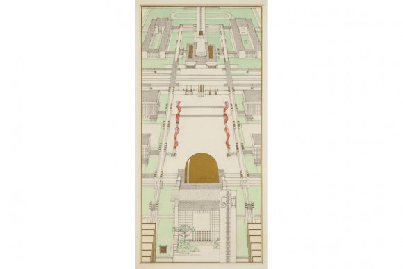 Rudolph M. Schindler Bird’s Eye View Looking Toward Public Library 1914 580x388 Exhibition at the Block Museum explores Chicago architecture and the modern city