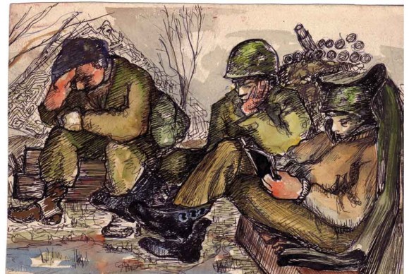 Weary soldiers A painting by John Jarvie that captures the exhaustion of his comrades 580x388 New documentary reveals story of WWII unit that duped Hitlers army   with rubber tanks